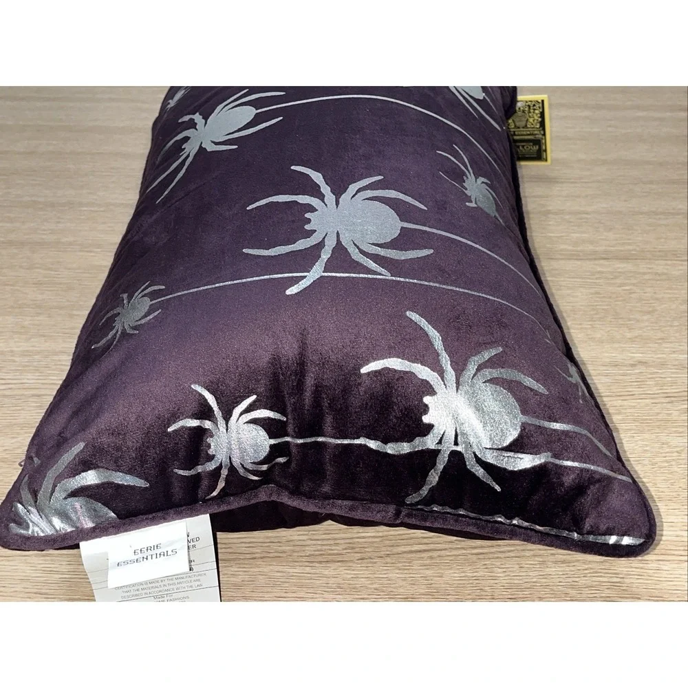 Eerie Essentials Throw Pillow Purple Velour Spiderweb Halloween 14x22 Silver Web